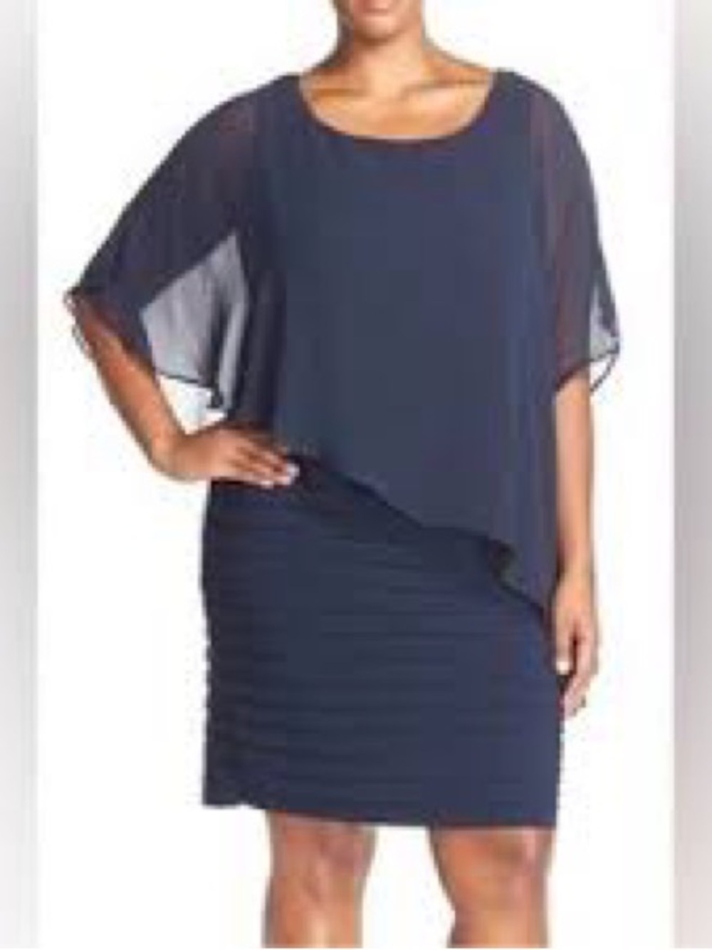 NWT $199 Betsy & Adam Plus Size 22/3X Chiffon Capelet Sheath Dress Navy